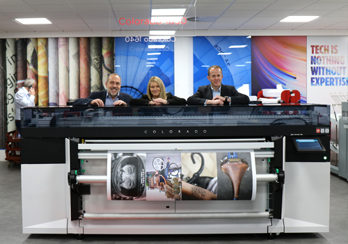 Derek Joys, Canon UK Product Marketing Manager, Sue Hayward, CMYUK Senior Digital Sales, Andrew Day,  Canon UK Business Manager with a Canon Colorado 1650