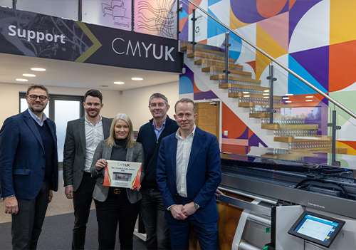 L – R: Michele Tuscano, European Production Partner Channel Director, Canon; Chris Martin,  Sales Manager, CMYUK; Sue Hayward, Commercial Director, CMYUK; Jon Price, Group Chief Operations Officer, CMYUK; Andrew Day, Channel Manager, Large Format Graphics, Canon, UK and Ireland.