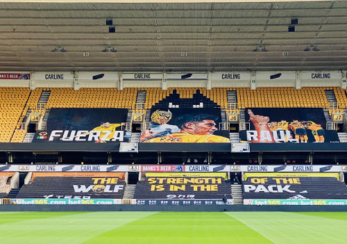 Giant banner printed on Kavalan Spiderweb PVC-free mesh banner at Wolverhampton Wanderer’s Molineux Stadium