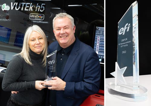 Sue Hayward and Robin East from CMYUK with an award for being  recognised as EFI’s top-revenue generating partner in the world