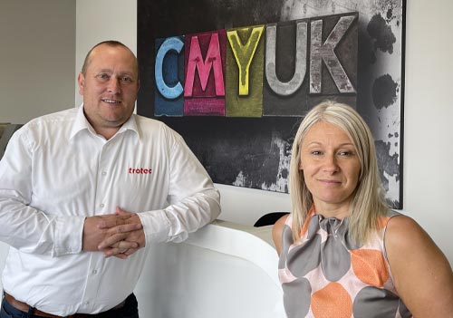 Bryan Jater, ﻿Trotec Sales Director UK & Ireland and Sue Hayward, CMYUK Sales Director (Equipment) at CMYUK
